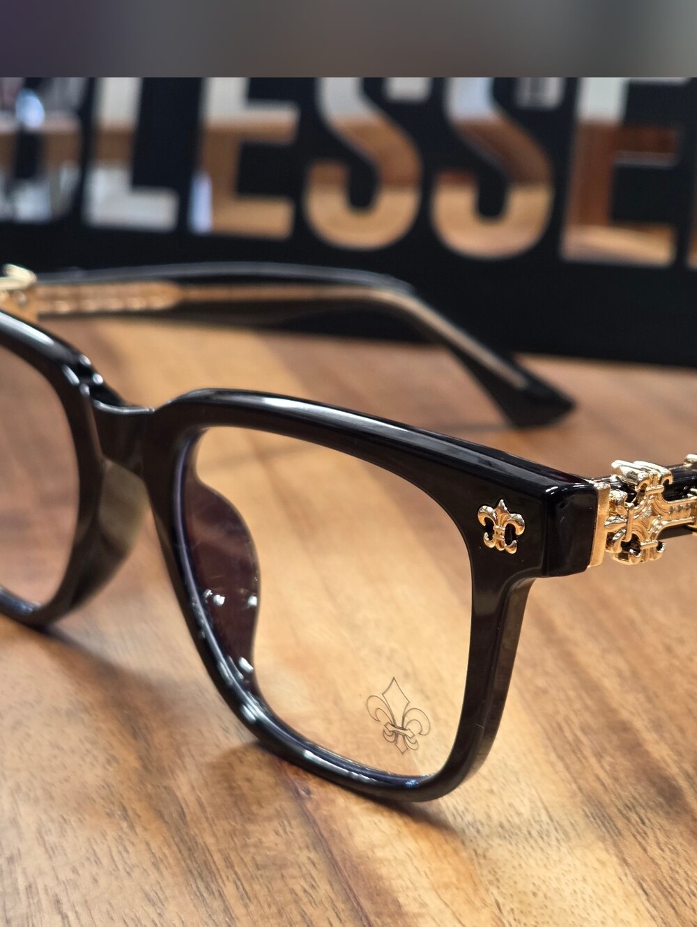 Black Men’s Designer-Style Eyeglasses with Gold Accents